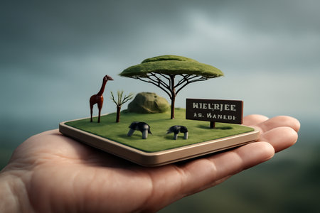 AI generated image of a human hand holding a miniature Serengeti National Park model with giraffes elephants and acacia tree. The serene scene evokes a sense of peaceful connectionの素材