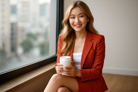AI generated a serene and modern portrait of a smiling young Asian woman in a stylish suit holding a coffee cup. Natural light softly highlights her features and the blurred cityscape outside.の素材
