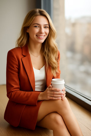 AI generated image of a beautiful young Latin American woman with blonde wavy hair sitting by a window enjoying a cup of coffee. She is dressed in a stylish orange blazer and skirtの素材