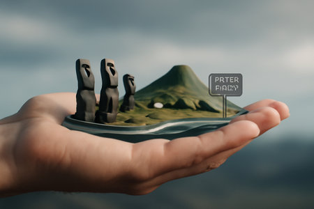 AI generated hyper-realistic image of a human hand holding a detailed miniature of Easter Island with iconic Moai statues. Soft sky background creates a serene and focused mood highlightingの素材