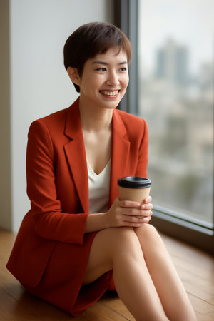 AI generated image of a young smiling Asian woman with short reddish-brown hair sitting gracefully by a window holding a disposable coffee cup in a stylish red blazer and skirtの素材