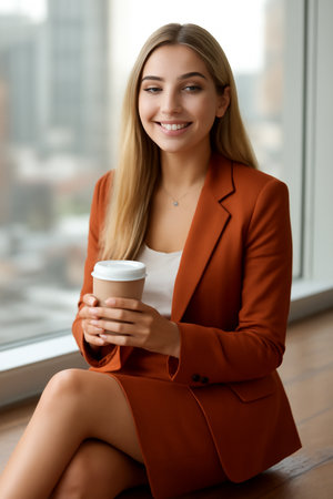 AI generated portrait of a confident young woman with long straight blonde hair, dressed in a stylish blazer and skirt, smiling as she holds a coffee cup. Soft natural light illuminates her againstの素材