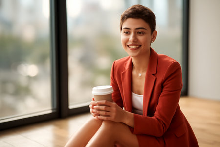 AI generated image of a young Middle Eastern woman sitting on the floor with a coffee cup. She wears a burnt-orange blazer and skirt, smiling in a bright, soft-lit environment.の素材