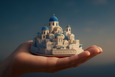 AI generated ultra-realistic 3D render of a human hand gently holding a miniature replica of Santorini, Greece with iconic blue-domed buildings. Soft lighting, subtle shadows, and a warmの素材