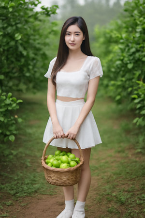 AI generated image of a young Thai woman standing in a lime orchard holding a wicker basket filled with fresh green limes. The soft morning light creates serene atmosphere with a focus on the subjectの素材