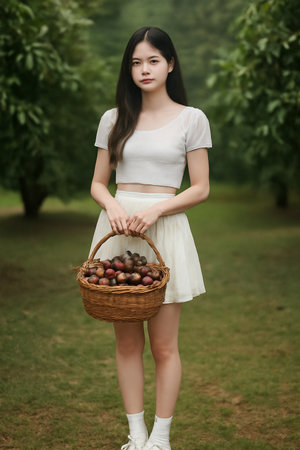 AI generated image of a young Thai woman holding a basket filled with ripe mangosteen in a lush orchard. She wears a white crop top and pleated skirt. Soft morning light creates a serene atmosphere.の素材