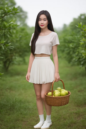 AI generated portrait of a beautiful young Thai woman holding a wicker basket full of fresh guavas in a peaceful orchard. She wears a white chiffon crop top, pleated skirtの素材
