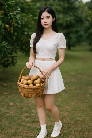 AI generated serene image of a young Thai woman in a white outfit, holding a wicker basket full of sapodilla fruits. Captured in a peaceful orchard, the soft morning light creates a calmの素材