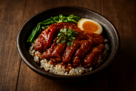 AI generated image of braised pork leg rice in a rustic bowl, featuring rich textures and bold colors. The moody lighting and shallow depth of field emphasize the dish freshness and warmth.の素材