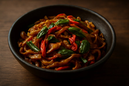 AI generated close-up of Pad Kee Mao with fresh basil, red chili, and stir-fried noodles in an earthy bowl on a wooden table. Rich textures and warm tones evoke a rustic, flavorful vibe.の素材