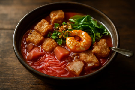 AI generated close-up shot of a vibrant Thai Yen Ta Fo with noodles, tofu, shrimp, and fresh herbs in a rustic bowl, set on a wooden table. Moody lighting highlights the rich textures and bold colors.の素材