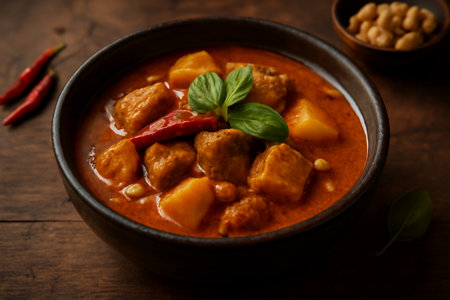 AI generated close-up of Massaman curry in a rustic bowl with potatoes and meat. The rich textures and bold colors reflect warmth and comfort in traditional Thai cuisine.の素材