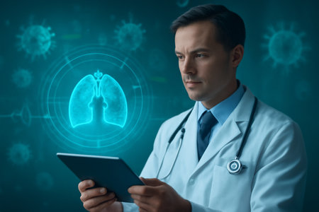 AI generated image of a doctor holding a tablet while observing a holographic display of the salivary glands in a high-tech medical environment with virus particles an ECG waveform in the background.の素材