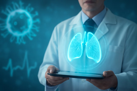 AI generated futuristic healthcare scene showing a doctor holding a tablet with holographic lungs, emphasizing digital medical technology for health diagnostics and real-time monitoring.の素材