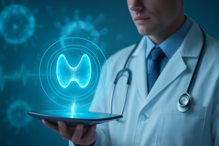 AI generated image of a medical professional holding a tablet projecting a glowing thyroid gland hologram in a futuristic healthcare setting. The image highlights advanced diagnostic technologyの素材