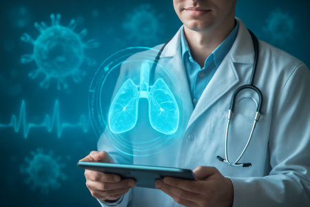 AI generated image showing a medical professional analyzing holographic bronchi with a tablet. The scene conveys advanced healthcare through digital technology with real-time health monitoring.の素材