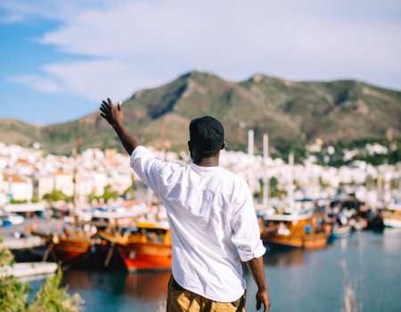 AI generated A sailor stands at the edge of the frame gesturing toward a bustling harbor with ships and docks. The scene conveys adventure, travel, and maritime life with a warm, inviting atmosphere.の素材