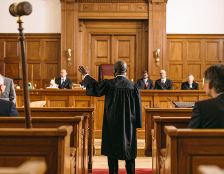 AI generated A judge stands at the edge of the frame gesturing to enter the courtroom with a serious expression. The background shows a formal trial setting with wooden benchesの素材