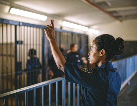 AI generated A uniformed police officer stands at the frame edge gesturing authoritatively toward a jail cell in a police station The scene conveys law enforcement security and justice system themesの素材