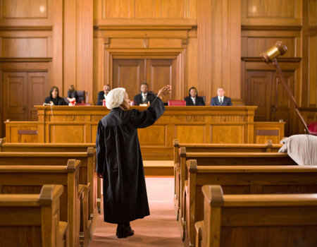 AI generated A judge stands at the edge of the frame gesturing to enter the courtroom with a serious expression. The background shows a formal trial setting with wooden benchesの素材