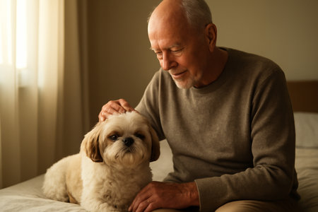 AI generated image of an elderly man in his 60s or 70s gently petting his Shih Tzu dog on a cozy bed in warm natural light. The intimate, peaceful moment highlights a loving bondの素材