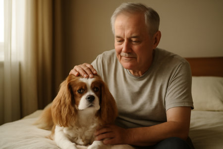 AI generated intimate moment of elderly man gently petting his Cavalier King Charles Spaniel in a cozy bedroom with natural light. A peaceful, heartwarming bond between human and pet capturedの素材