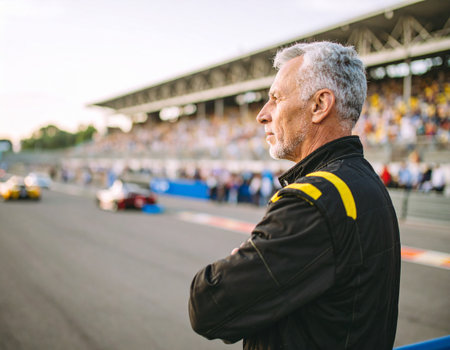 AI generated A determined race car driver stands at the edge of the frame, gesturing toward a high-speed racetrack filled with roaring cars. The dynamic scene captures adrenaline, competitionの素材