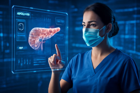 AI generated image of a female healthcare professional interacting with a 3D holographic pancreas in a futuristic medical setting advanced technology, and healthcare innovation.の素材