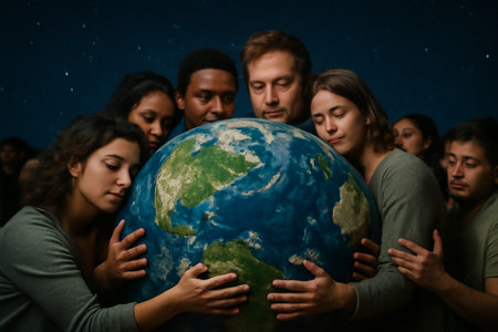 AI generated image of diverse individuals tenderly holding the Earth, symbolizing unity and environmental protection. The starry night backdrop creates a peaceful, reflective atmosphere.の素材