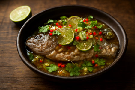 AI generated A whole steamed sea bass with lime, chili, and cilantro in a rustic earthenware bowl. Warm, moody lighting enhances the freshness and textures of this Thai dish, creating a cinematicの素材