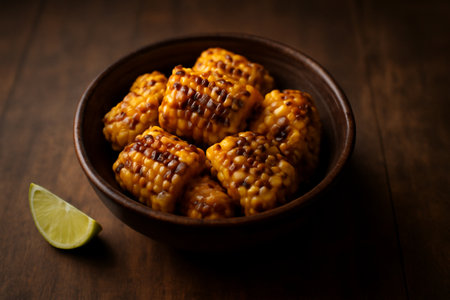 AI generated image of grilled corn on the cob served in a rustic bowl with a lime wedge on a wooden tabletop. The warm and inviting atmosphere evoking a sense of freshness and comfort.の素材