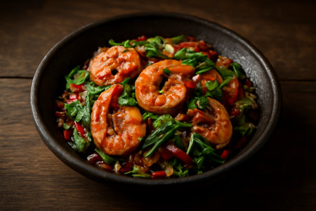 AI generated vibrant and detailed image of a spicy Thai shrimp salad served in a rustic bowl. Capturing fresh shrimp, vegetables, and rich colors with a warm, atmospheric tone. Ideal for food loversの素材