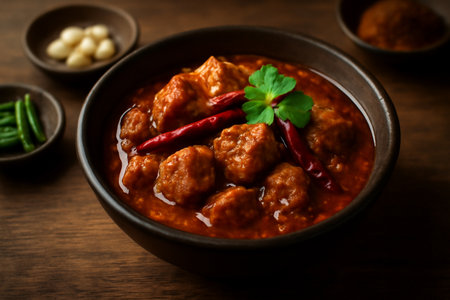 AI generated realistic close-up of Gaeng Hanglay, a Northern Thai pork curry in a rustic bowl, emphasizing textures, spices, and warmth with moody lighting, perfect for food photography.の素材
