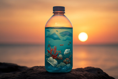 AI generated image showcasing a plastic bottle on a rock with marine life inside, illustrating the impact of ocean pollution. The underwater world teems with sea creatures amidst debrisの素材