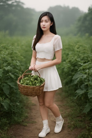 AI generated serene image of a young Thai woman in a white outfit holding a wicker basket filled with wild eggplants in a misty garden. The soft morning light highlights her natural beauty.の素材