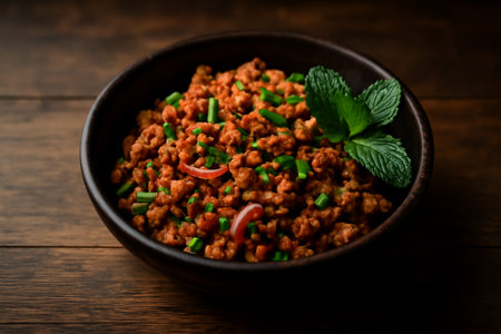 AI generated close-up of Thai spicy meat salad Larb served in a dark earthenware bowl on wooden table. Rich textures, fresh herbs bold colors capture the heat and freshness of this traditional dish.の素材