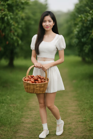 AI generated image of a young Southeast Asian woman in a white dress holding a basket of ripe lychees in a peaceful orchard with a soft green background. The scene conveys calm and simplicity.の素材