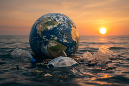 AI generated image of a planet surrounded by ocean plastic waste, highlighting environmental pollution. The sunset backdrop contrasts natural beauty disturbing waste, evoking urgency for conservation.の素材