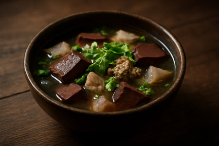 AI generated vibrant image of Thai pork blood soup served in a rustic wooden bowl. The rich textures and earthy tones emphasize the authenticity and warmth of traditional Thai cuisine.の素材