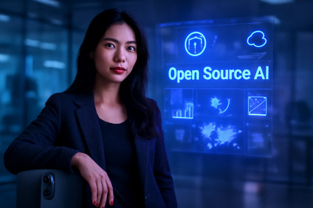 AI generated woman in a futuristic workspace surrounded by holographic tech displays. Featuring Open Source AI, the image conveys innovation and modernity with blue-purple glowing elements.の素材