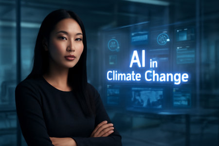 AI generated image of a confident young woman in a futuristic office with holographic displays focused on climate change, symbolizing technology role in solving global environmental issues.の素材