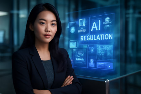 AI generated image of a confident young Asian woman in a high-tech office surrounded by holographic displays and AI regulation symbols. A sleek, modern space with a digital atmosphere.の素材