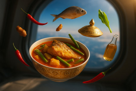 AI generated surreal Thai sour curry floating in zero gravity with fish and herbs sunlight through space station window earth view whimsical and cinematic atmosphereの素材