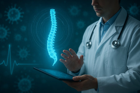 AI generated futuristic medical scene showing doctor using holographic spine with advanced digital healthcare and glowing technology in clean blue neon atmosphereの素材