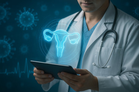 AI generated futuristic medical concept showing doctor analyzing holographic fallopian tubes with glowing data and digital health technology in clean blue sci fi themeの素材