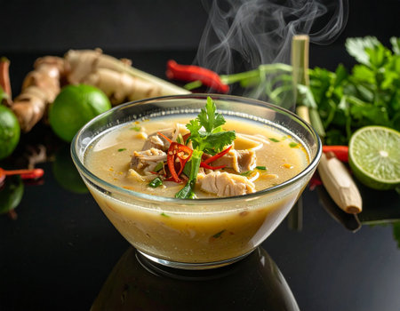 AI generated A steaming bowl of aromatic chicken galangal soup served in a contemporary glass bowl on a glossy black table with reflective surface surrounding fresh ingredientsの素材
