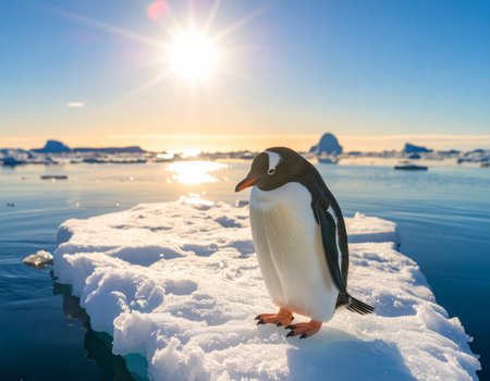 AI generated sad penguin with tears on small melting ice floe in Antarctic ocean with scattered ice and bright sun on deep blue horizonの素材