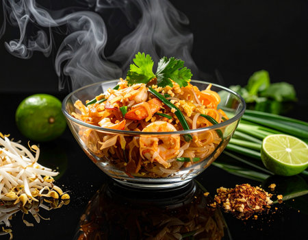 AI generated Sizzling pad thai noodles served in a modern glass bowl with rising steam, placed on a reflective black glass table surrounding fresh ingredientsの素材