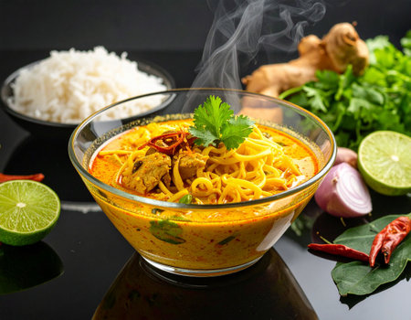 AI generated Fragrant northern Thai khao soi chicken curry noodles served steaming in a contemporary glass bowl, placed on a glossy black table with mirror-like reflection surrounding ingredientsの素材