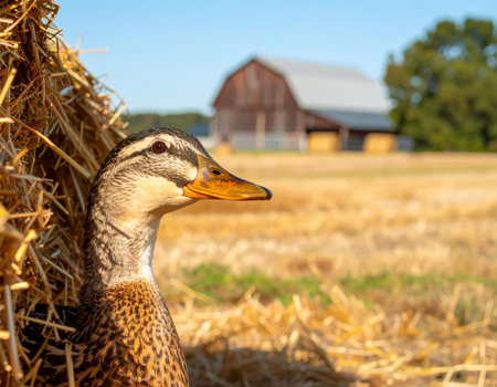 AI generated image of a cheerful duck smiling and playfully peeking from the side with half its body visible. The background features a picturesque farm scene rustic barn, golden hay bales open fieldsの素材